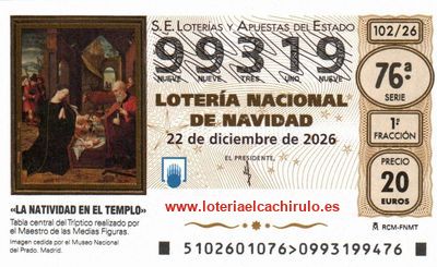 Anverso del d&eacute;cimo 99319 de la Loter&iacute;a de Navidad 2026, de Arroyo de la Encomienda (Valladolid)